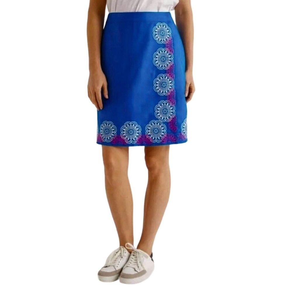 Boden Anville Blue Linen Blend Embroidered Wrap Skirt in Size 4